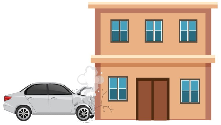 Generic car crash/MVA involving a building illustration.