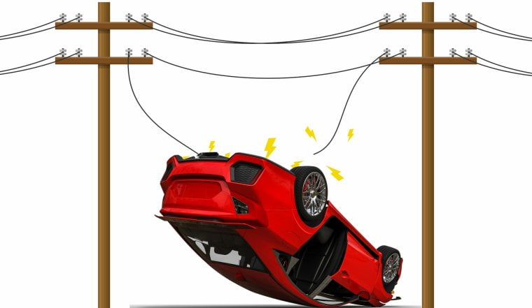 Generic illustration of a single vehicle rollover involving power lines.